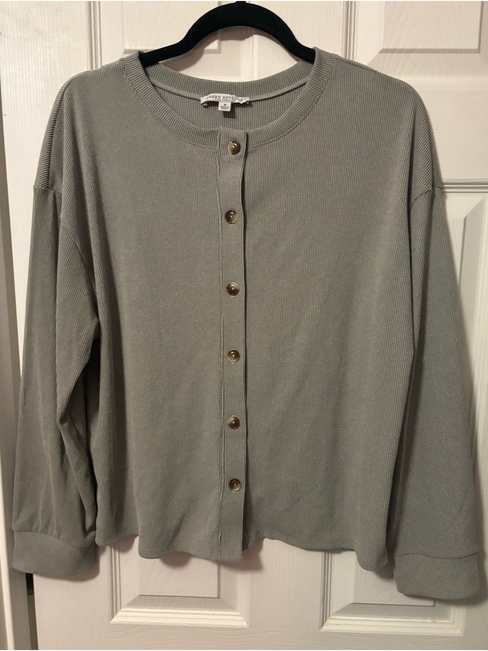 Grey Green Envelope Lightweight Ribbed Button-Front Long Sleeve Top